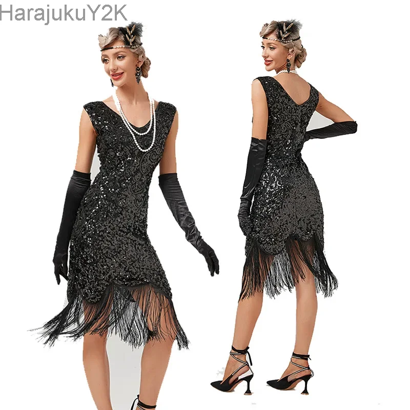 

New Design Women 1920s Vintage Big V-Neck Flapper Fringe Beaded Great Gatsby Party Cocktail Sequins Dress Plus Size XS-3XL