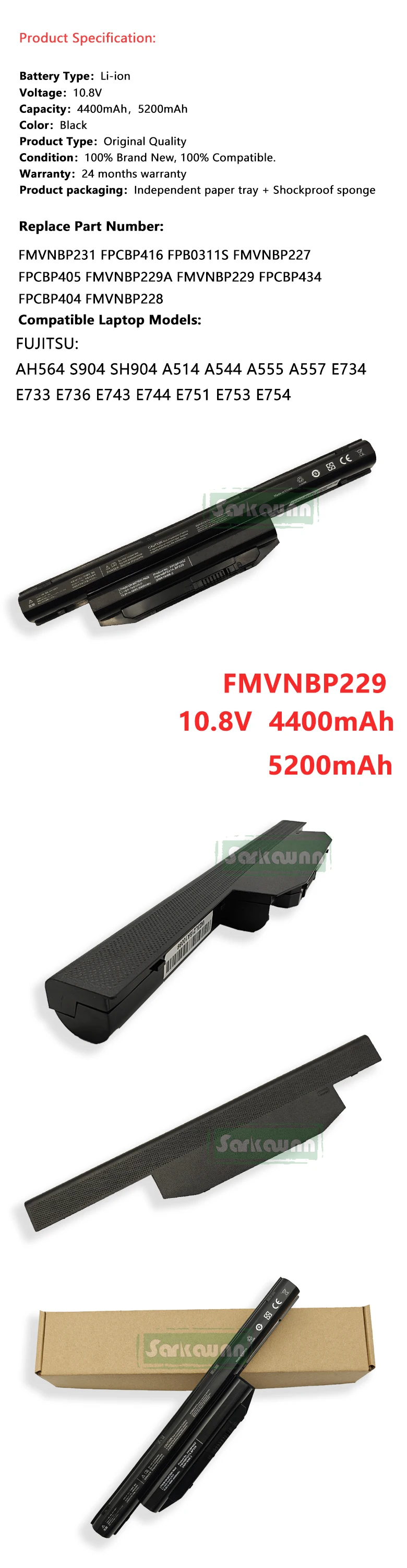 Sarkawnn-LAPTOP bateria para laptop, 6 células, FMVNBP231,