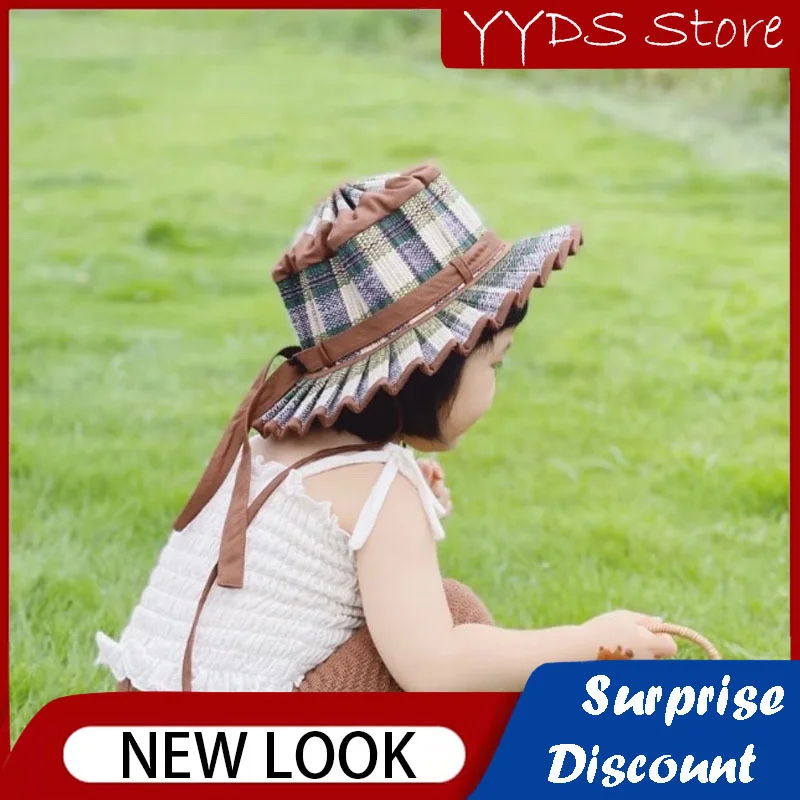 

Children's Straw Hat Retro Short-brimmed Plaid Fisherman Hat Foldable Sun Protection Straw Hat Beach Travel Holiday Sun Hat