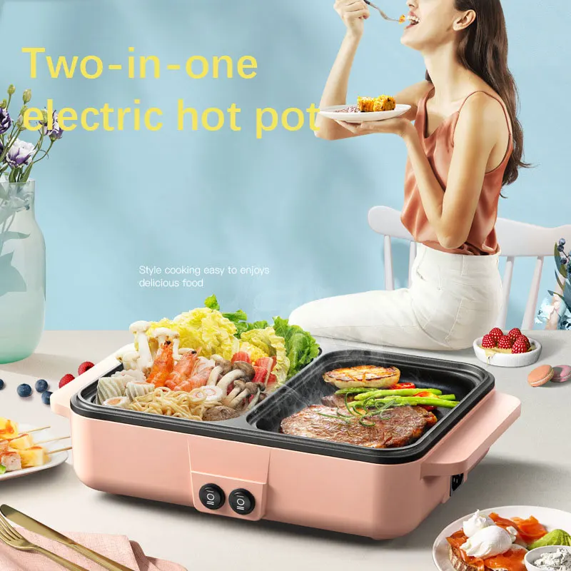 2 in 1 pentola elettrica per barbecue, barbecue elettrico, grill, fornello, multifunzionale, antiaderente, senza fumo, padella per barbecue, pentola calda 220 V_voghion.com