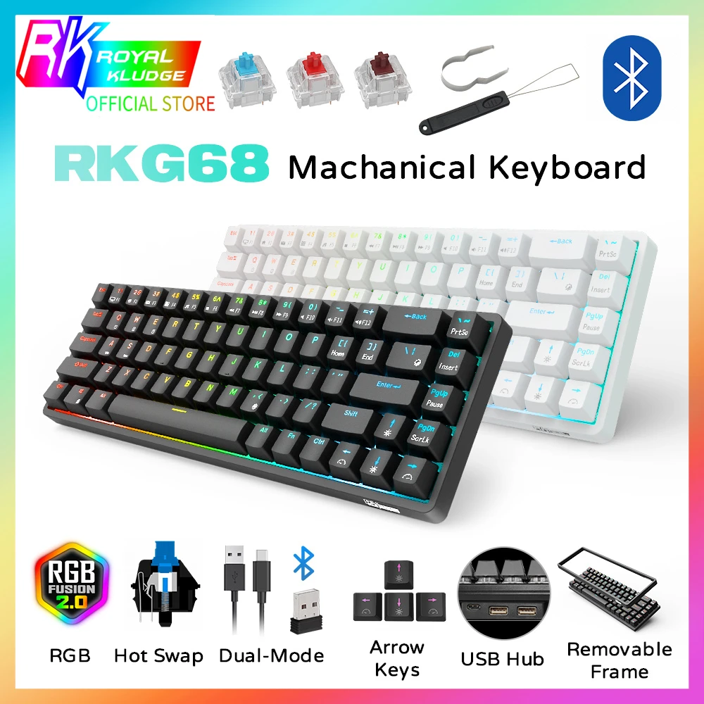 RK G68(RK837)  2.4Ghz Wireless/Bluetooth/Wired 65% Mechanical Keyboard, 68 Keys 3 Modes Hot Swappable Keyboard detachable frame
