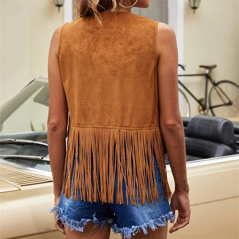 Gilet da donna Y2K con frange anni '70, costume hippie in finta pelle