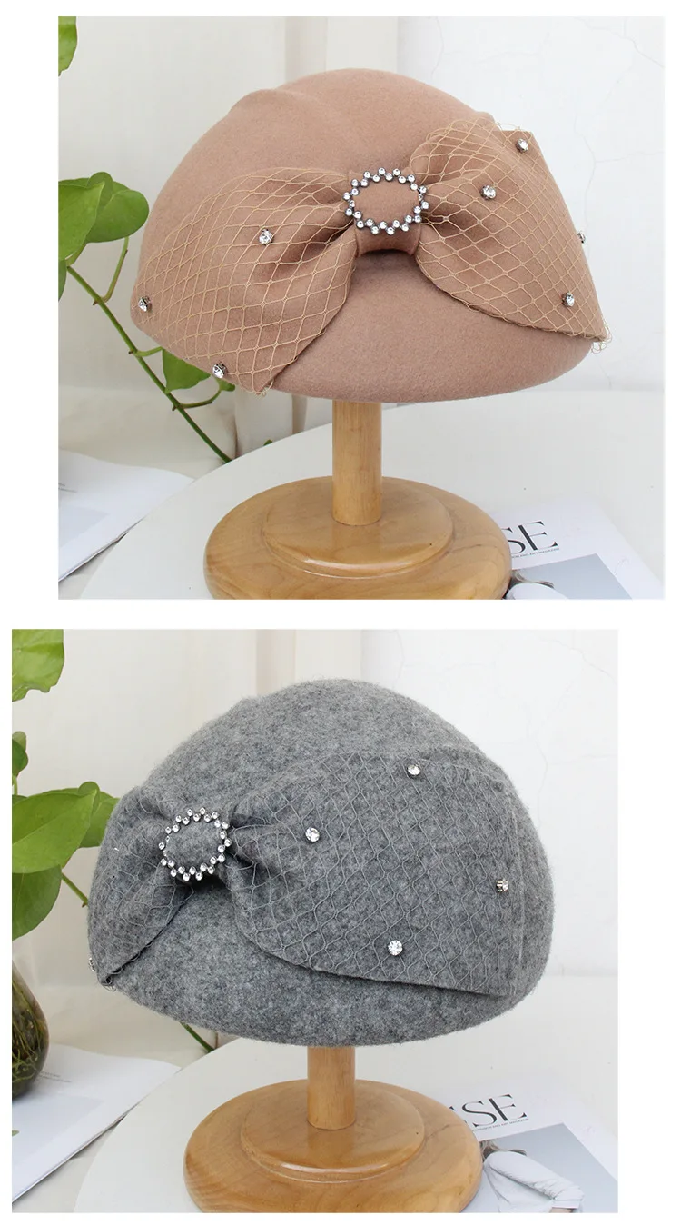 New 100% Wool Felt Berets Women Party Flower Formal Fedora Hat Banquet Grace Bowknot Woolen Pillbox Cap Beautiful Fascinator Hat