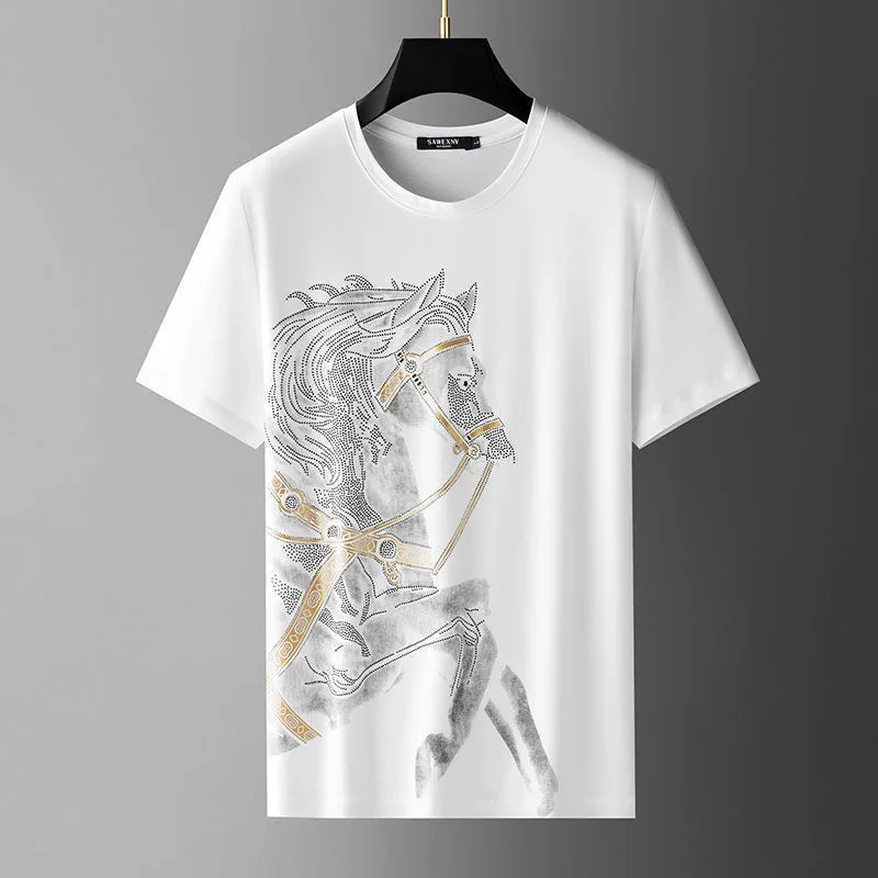 

High-end war horse hot diamond printing short-sleeved T-shirt Men's 2023summer fashionable handsome casual round-neck luxury top