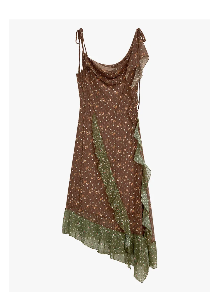 

Американское классическое Цветочное платье с оборками без рукавов, Элегантное повседневное коричневое сексуальное платье на бретелях, асимметричное уличное платье Y2K