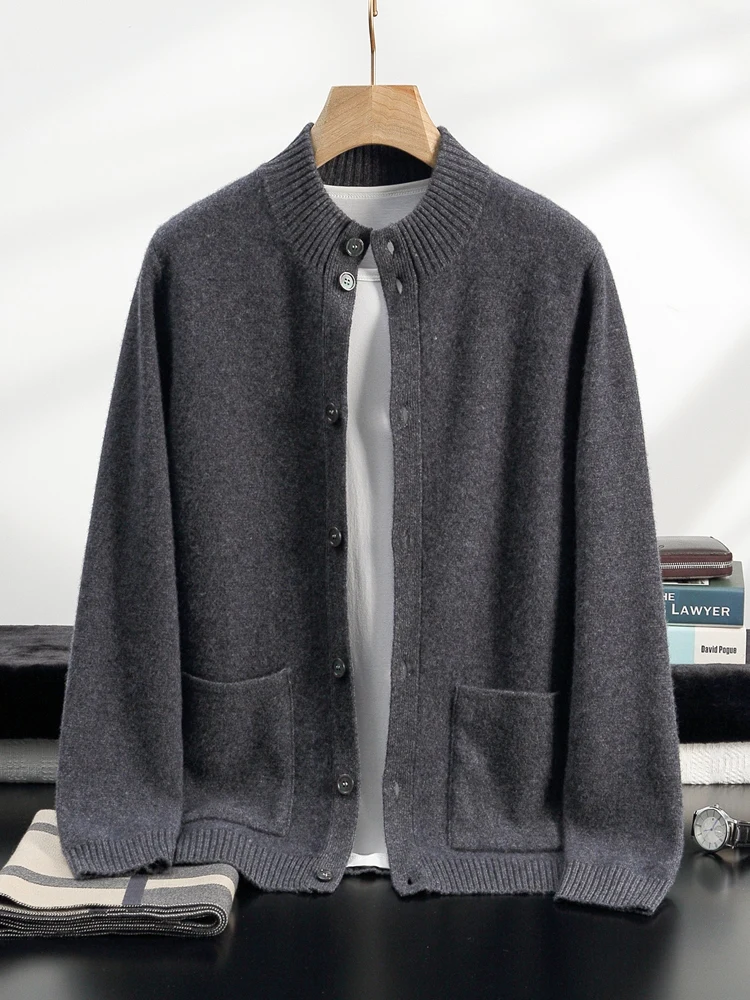 ANGEL Men's 100% Cashmere Sweater Coat Mock Neck Thick Cardigan Buttons Smart Casual Autumn Winter Cashmere Knit Clothing Top 3