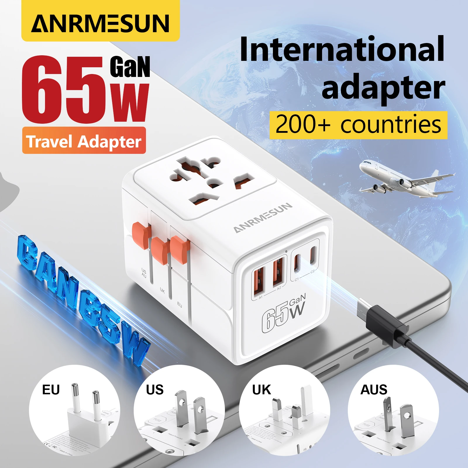 อะแดปเตอร์แปลงไฟแบบ Universal พร้อมเต้ารับ AC 4 ช่อง พอร์ต USB 2 ช่อง พอร์ต Type C PD 65W 2 ช่อง อุปกรณ์ชาร์จไฟเร็วแบบออลอินวัน สำหรับปลั๊ก EU UK AUS 2400W 45W 1