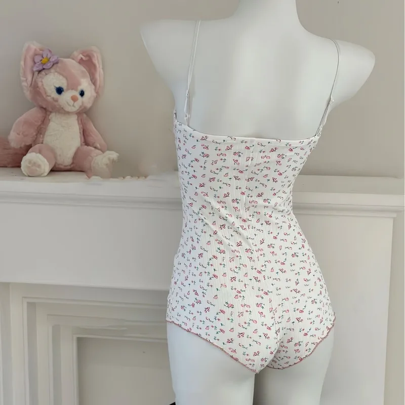 Women Sexy Floral Print Bodysuit Lace Trim Sleeveless Slim