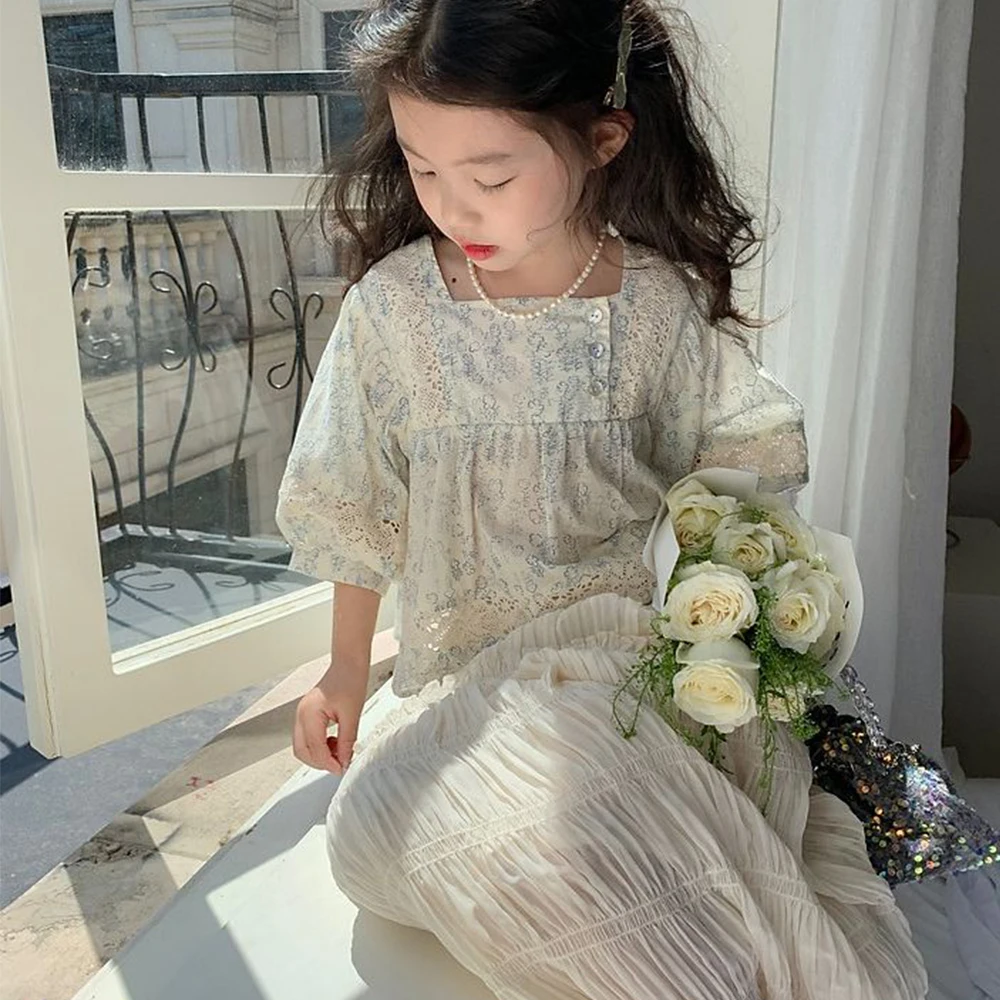 

Menoea Girls' Dress 2023 Summer Girls' Square Neck Lace Fragmented Blouse Top+Ruffled Skirt Set Children's Cute Sweet Set