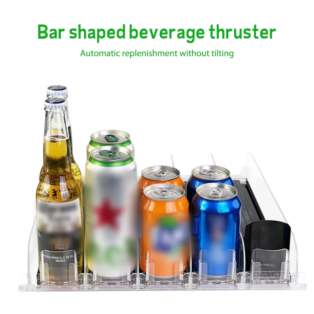 Drink Organizer Dispenser Adjustable Width Canned Beverage Push Rack E-shaped Glide Auto Beer Pusher Holder for Kitchen Fridge