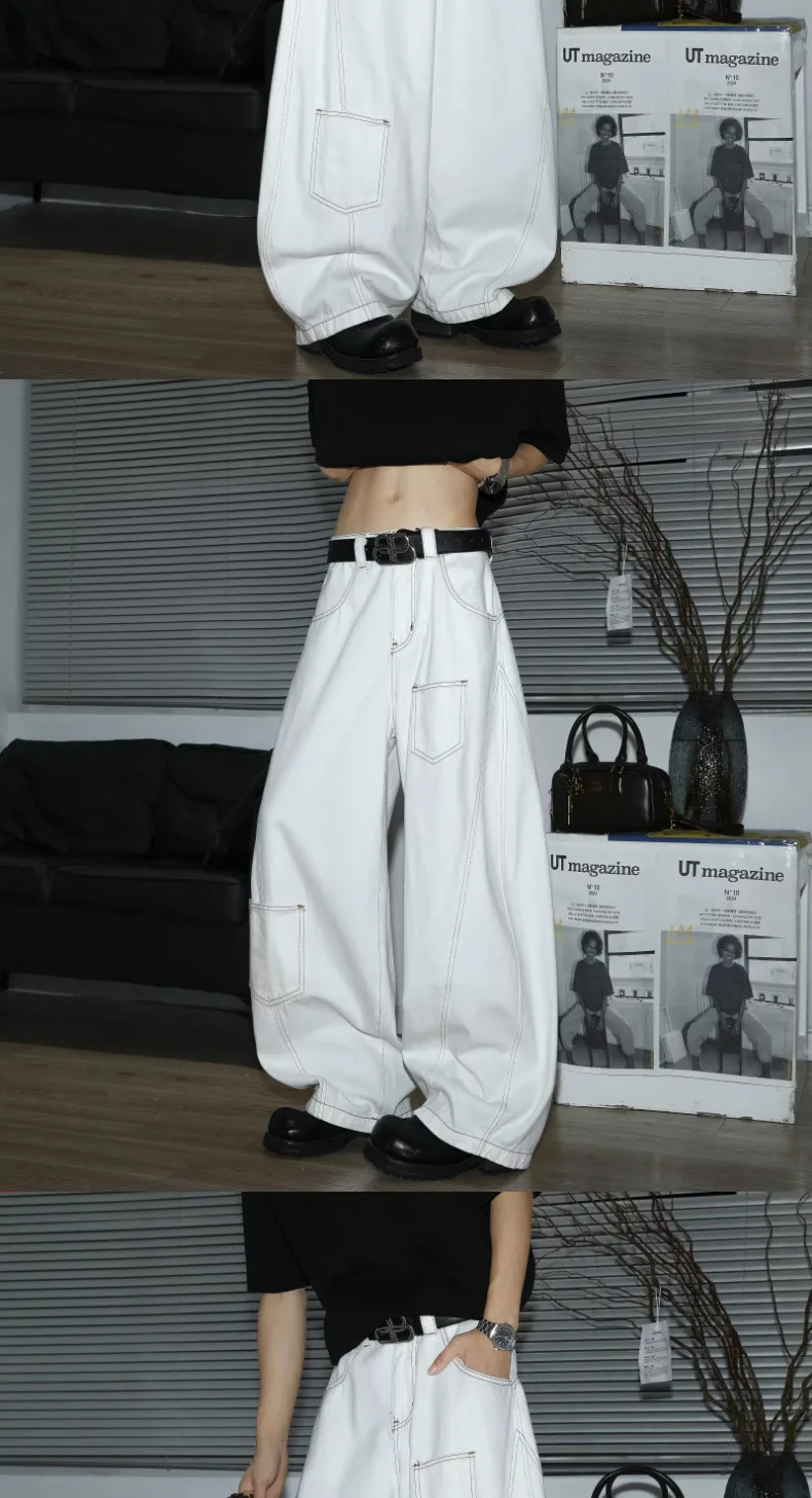 Y2K Men's Jeans White High-Waisted Wide-Leg Denim Pants Retro Baggy Style Fashion Loose Fit Casual Denim Trousers Streetwear