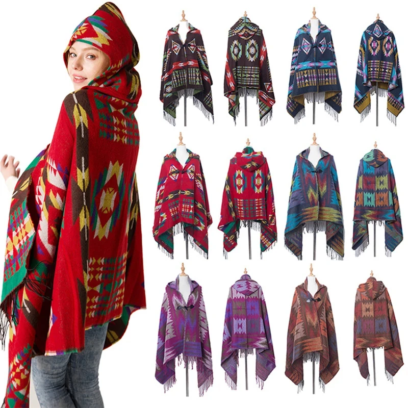 

Bohemian Winter Women Ponchos Hooded Shawls Striped Tassel Knit Scarves Warm Batwing Cape Cloak Jacket Coat Outwear Sweater