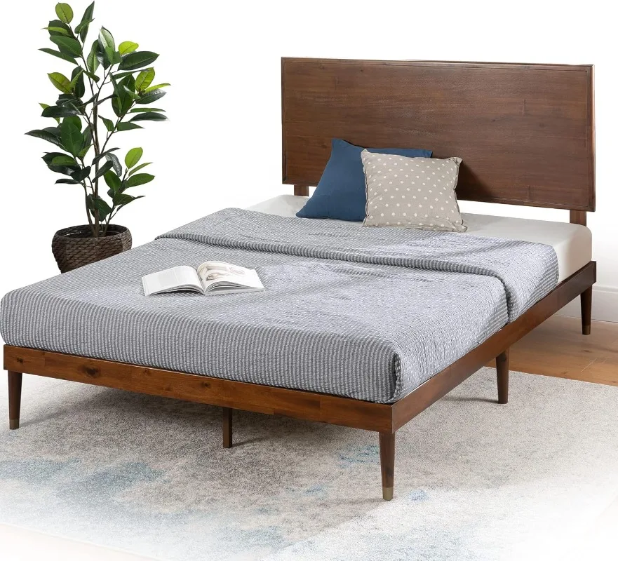 Raymond Wood Platform Bed Frame with Adjustable Wood Headboard Solid Wood Foundation No Box Spring Needed Easy Assembly Queen