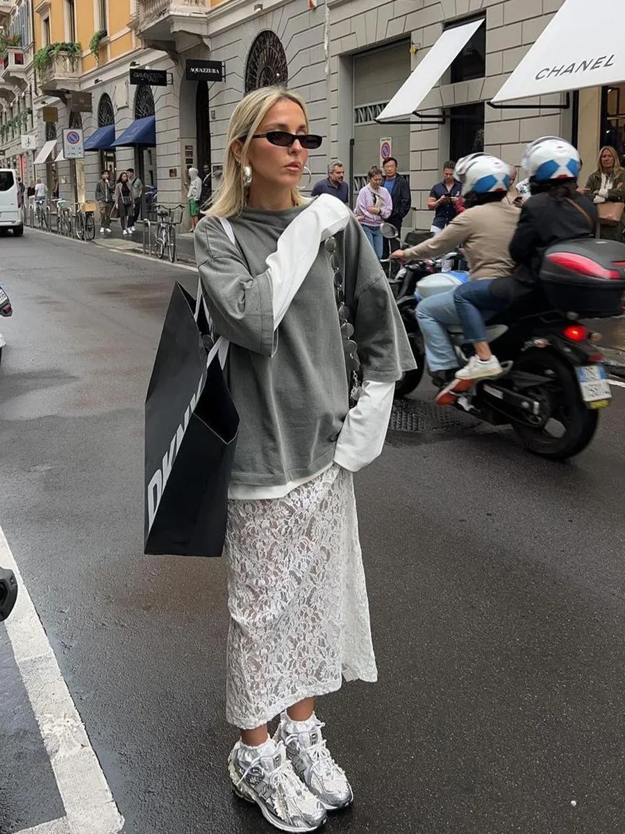 Bornladies Sexy Perspective White Flare Skirts Summer Women Vacation High Waist Long Skirts Lace Beach Style Skirt