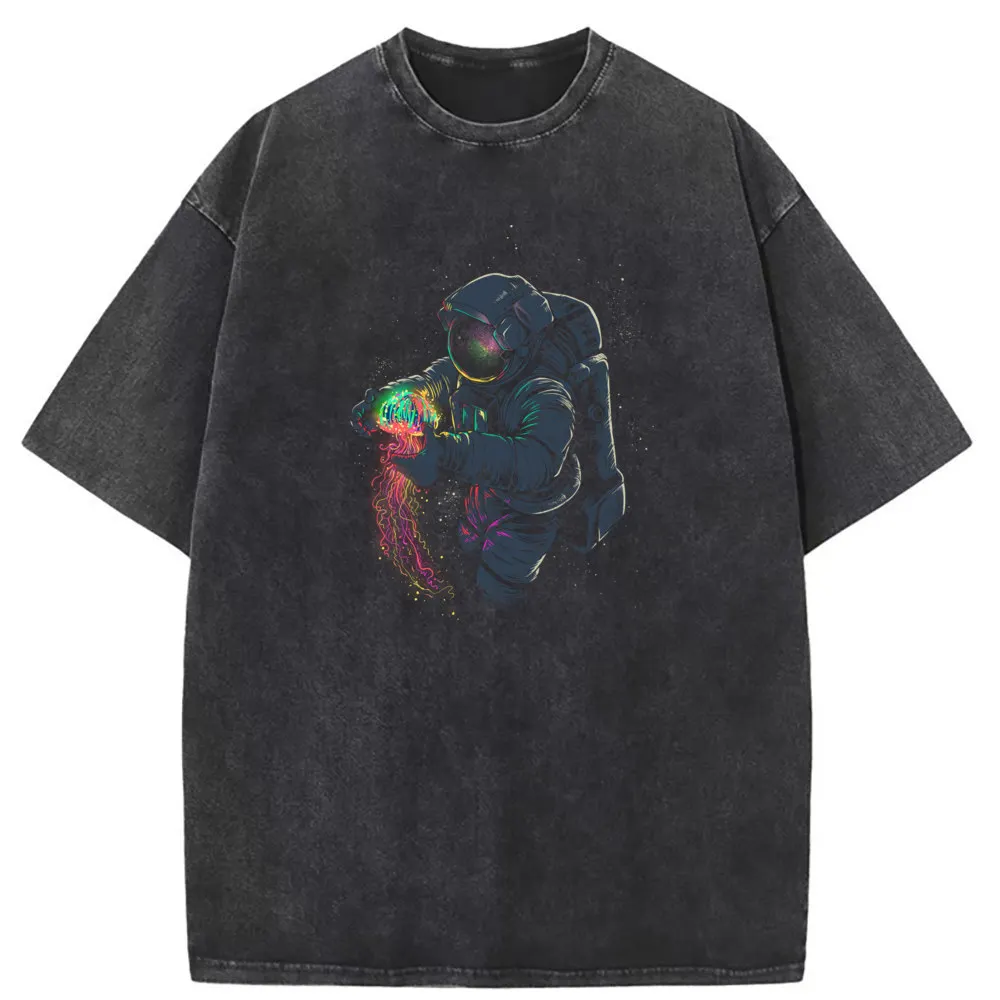 

Space Astronaut T-shirts For Man Women Glowing Jellyfish Printed Long Sleeve Tee Shirt Men Retro Washed Cotton Sweatshirts