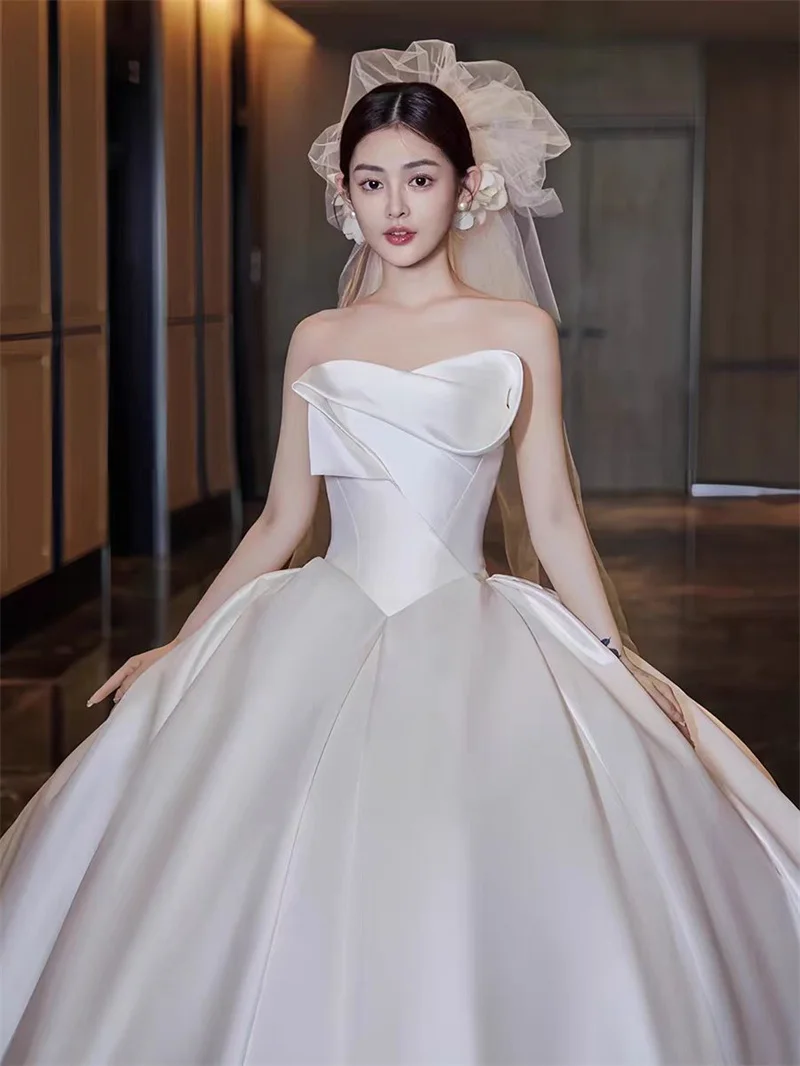 MODX Satin Wedding Dresses Bridal French Retro Tail Customized
