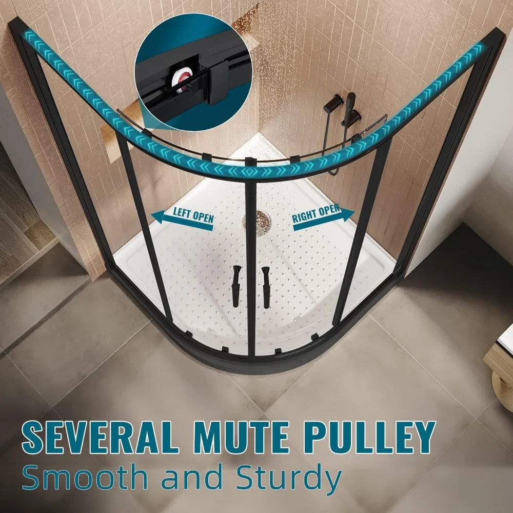 Corner Shower Doors 36.7 in. X 72 in. Neo-Round Sliding Shower Door in Black Finish, 1/4 in. Clear Glass Shower Door 2