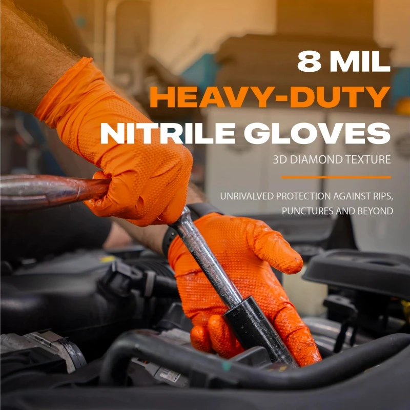 Work Gloves 8Mil Heavy Duty Orange Nitrile Disposable Gloves Diamond Texture Grip for Mechanic Industrial Cleaning