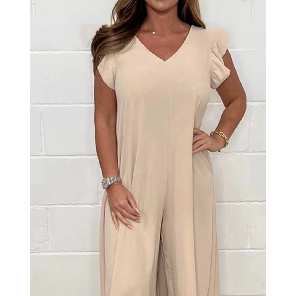 Summer Women Ruffle Sleeve V-Neck Wide Leg Jumpsuits Female Casual Solid Color Sleeveless Jumpsuit Loose One-pieces Outfits y2k