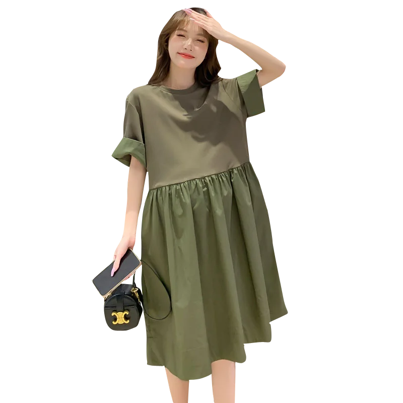 Green Black Pregnant Woman Summer Dress Short Sleeve O-Neck Block Color Patchwork Loose Maternity Ball Gown Dress with PocketS