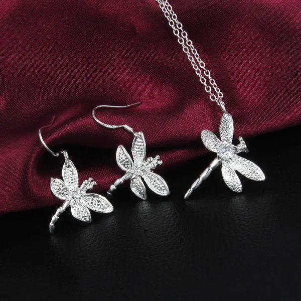 Conjunto de joyería de plata de ley 925 para mujer, colgante de libélula de cristal, collar, pendientes, regalos de navidad