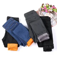 High Waist Fleece Lined Women's Jeans Elastic Slim Fit Long Pants Korean Style Blue plus Size Pencil Leggings