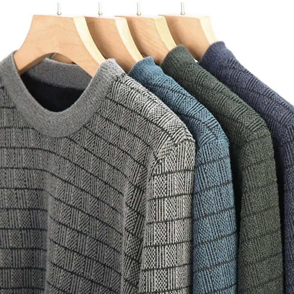 

Fleece Lining Knitted Sweater Cozy Men's Winter Sweater Thickened Fleece Lining Slim Fit Knitwear for Streetwear Style O-neck
