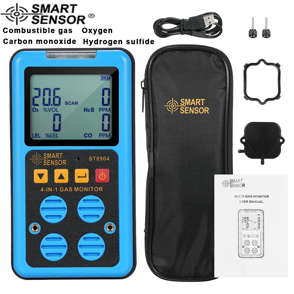 SMART SENSOR ST8904 Monitor gas 4 in 1 CO H2S O2 LEL Misurazione accurata Suono Luce Allarme vibrazione Rilevatore di gas retroilluminato