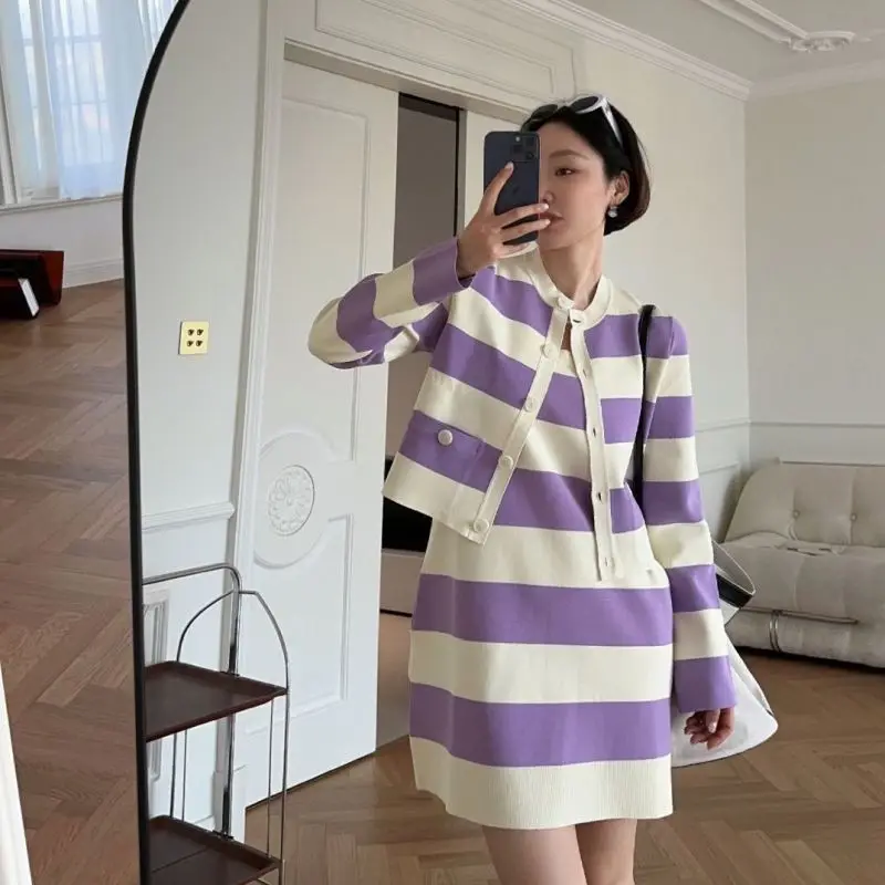 Women's Fashion Elegant Outfits Spring Autumn New Round Neck Stripe Knitted Cardigan Sweater+Two Piece Over Knee Dress Set