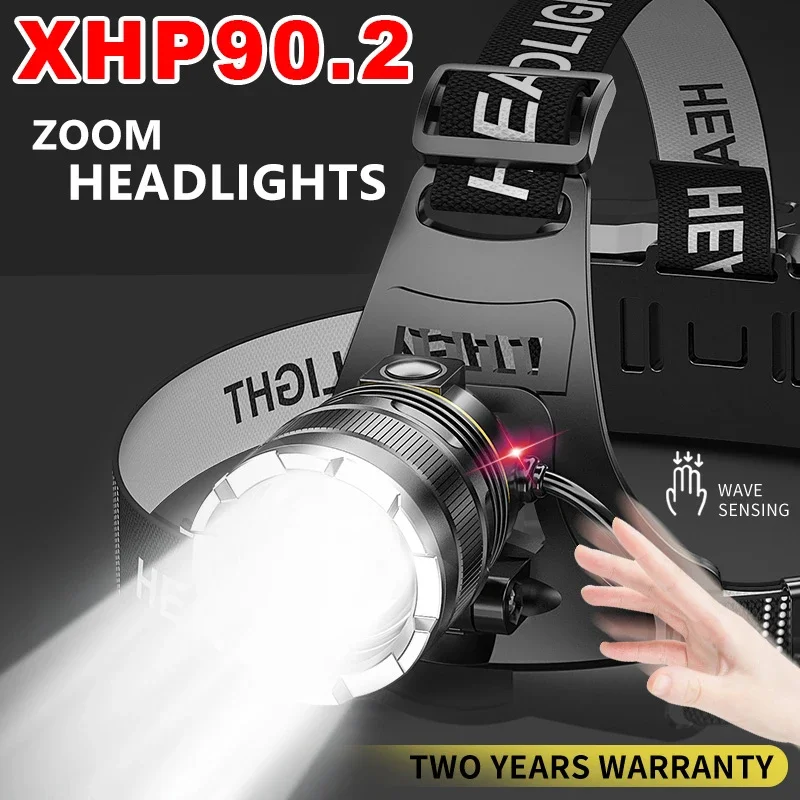Портативный Яркий налобный фонарь XHP90.2 с датчиком, 18650, двойной аккумулятор, налобный фонарь для рыбалки, USB Перезаряжаемый фонарь, уличный фонарь