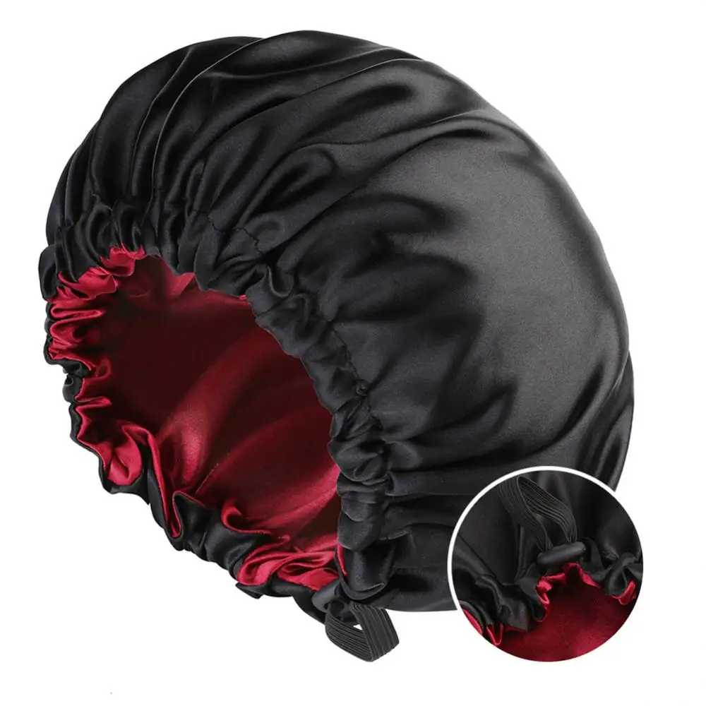 

Double Sided Satin Shower Cap Night Cap Women's Fashionable Elastic Hair Cap Button Bath Cap Adjustable Elastic Cap