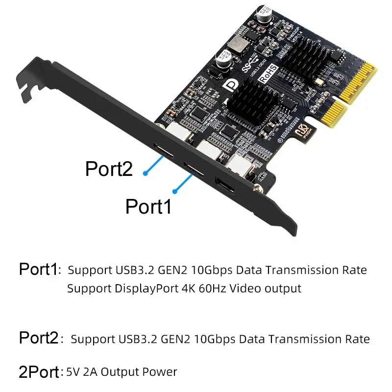 PCI-E X4에서 Type-C로 비디오 확장 카드는 DP 비디오 데스크탑 USB3.2 10G TYPE-C 포트 모니터 도크 어댑터 카드를 지원합니다.