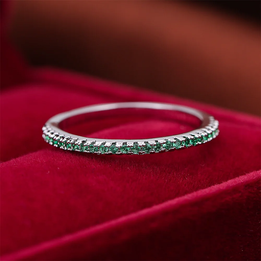Green Zircon Small Round Stone Wedding Band Stackable Rings For Women Vintage Silver Color Engagement Promise Minimalist Jewelry