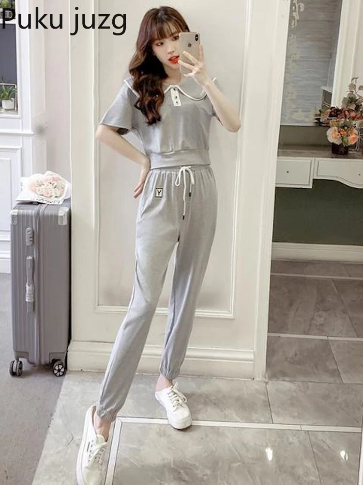 Puku Juzg Ropa deportiva coreana para mujer, Top de manga corta con cuello de muñeca, Leggings traje deportivo informal para correr, verano 2022| | - AliExpress