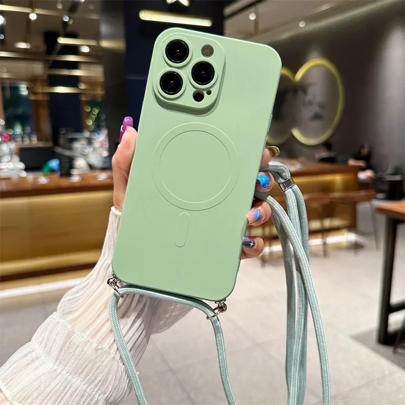 Magnetic Liquid Silicone Crossbody Lanyard Case with Soft Back Cover