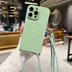 Magnetic Liquid Silicone Crossbody Lanyard Case with Soft Back Cover for iPhone 13 Mini (Light Green)