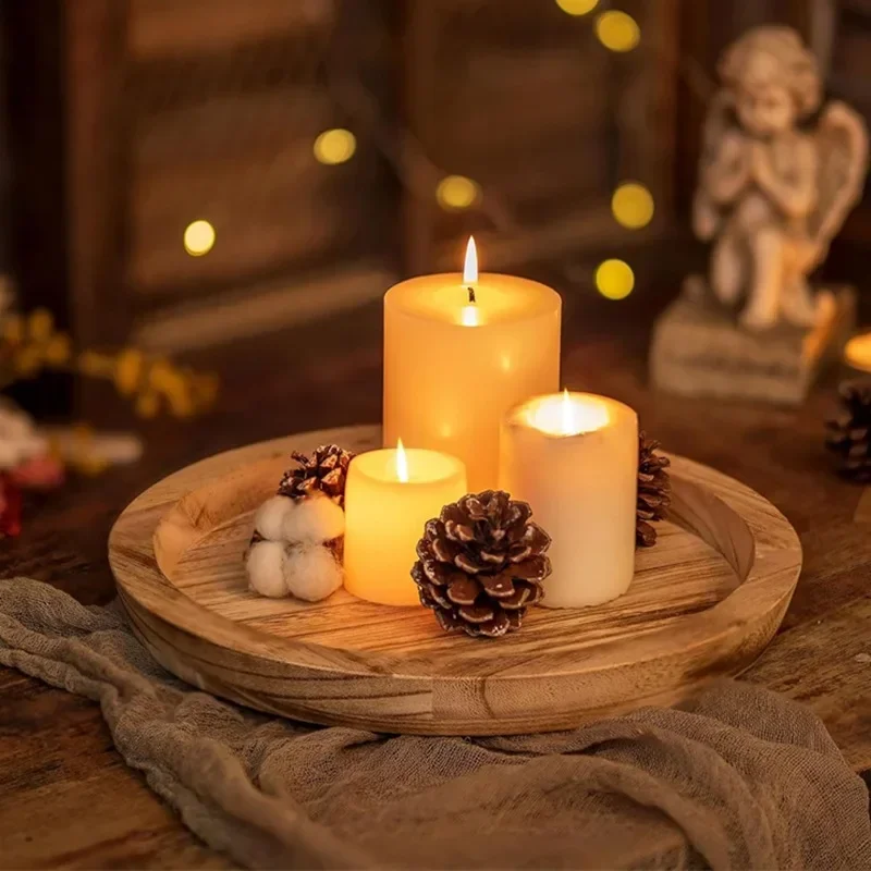 Decorative Wooden Serving Tray Rustic Round Wood Plate Vintage Centerpiece Candle Holder Tray Kitchen Countertop Ottoman