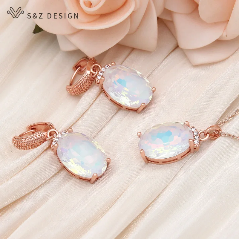 S&Z DESIGN New Fashion Egg Shape Oval Crystal Dangle Earrings Jewelry Sets For Women 585 Rose Gold Color Wedding Necklace Gift