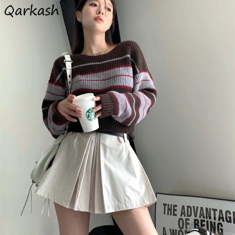 

Шикарные вязаные пуловеры в полоску с воротником-лодочкой, женские модные Универсальные крутые Короткие топы, Свободные повседневные Простые свитера для девушек и студентов