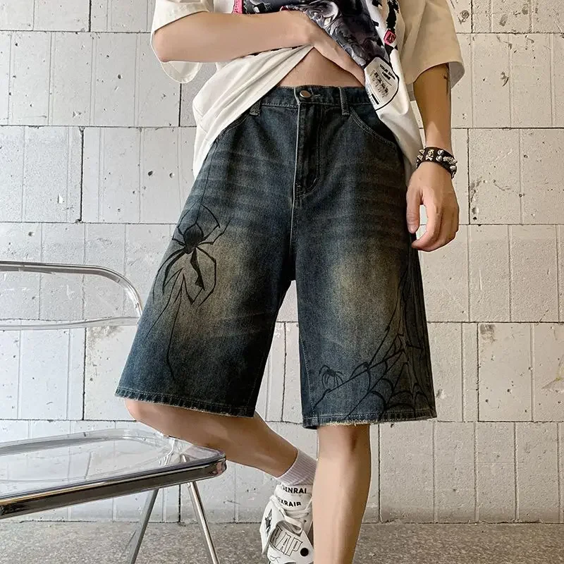 Korean Harajuku Spider Cobweb Print Denim Short for Men Y2k Retro Wash Hip Hop Punk Grunge Jeans Shorts Summer Women Streetwear