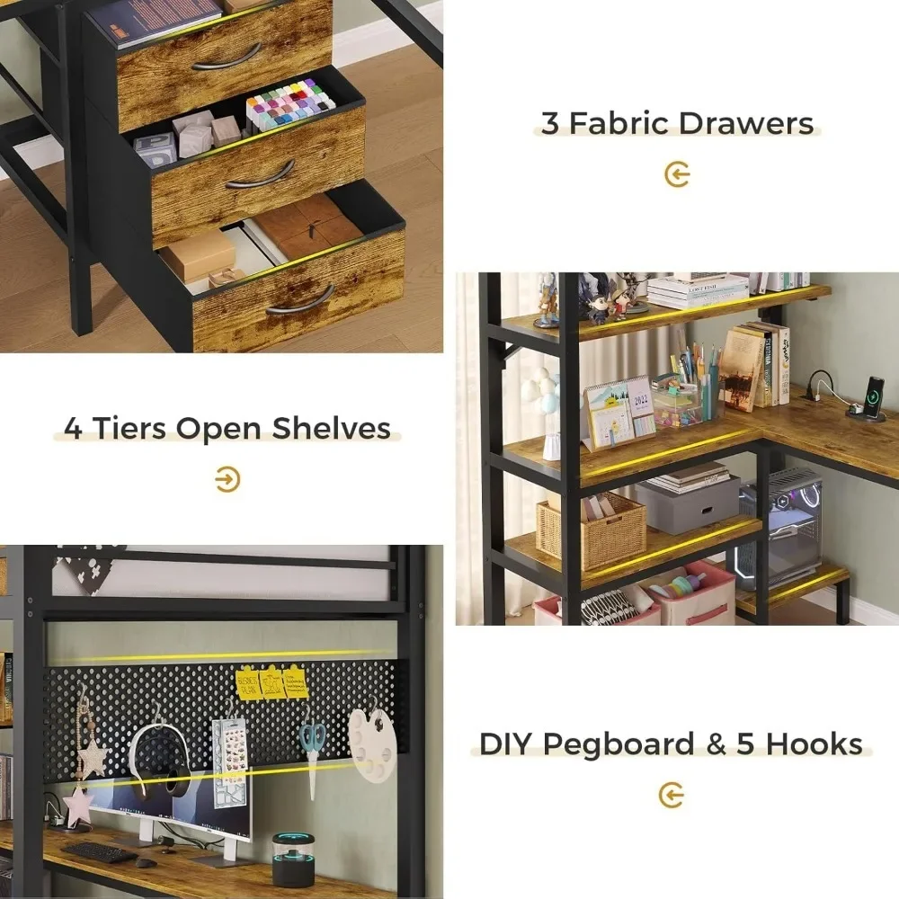 Loft Bed Twin Size with L-Shaped Desk, LED Lights,Charging Station,Twin Metal Loft Bed with Desk, Fabric Drawers & Shelves 4