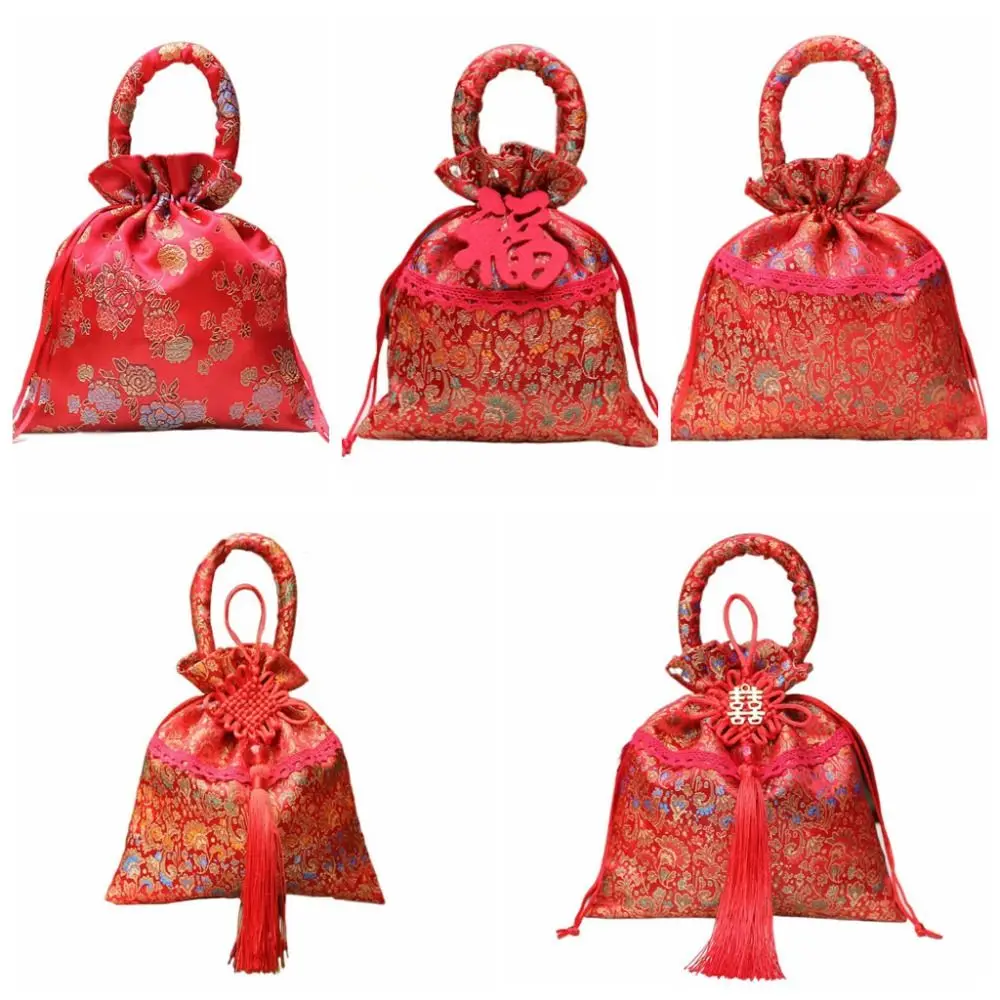 Sweet Chinese Style Flower Drawstring Bag Wedding Party Festive Sugar Bag Candy Storage Red Pocket New Year Bucket Bag Party