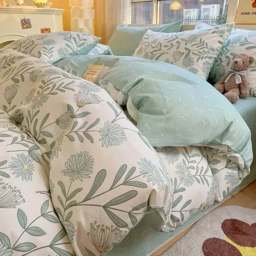 

100% Cotton Flower Bedding Set Duvet Cover + 2pcs Pillowcases Kids Adult Twin Twin-XL Single Queen King Full Size Bed Linen C1