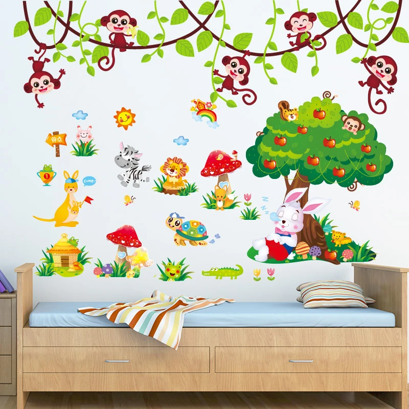 

[shijuekongjian] Turtle Rabbit Tree Wall Stickers DIY Jungle Monkeys Animals Wall Decals for Kids Rooms Nursery Home Decoration