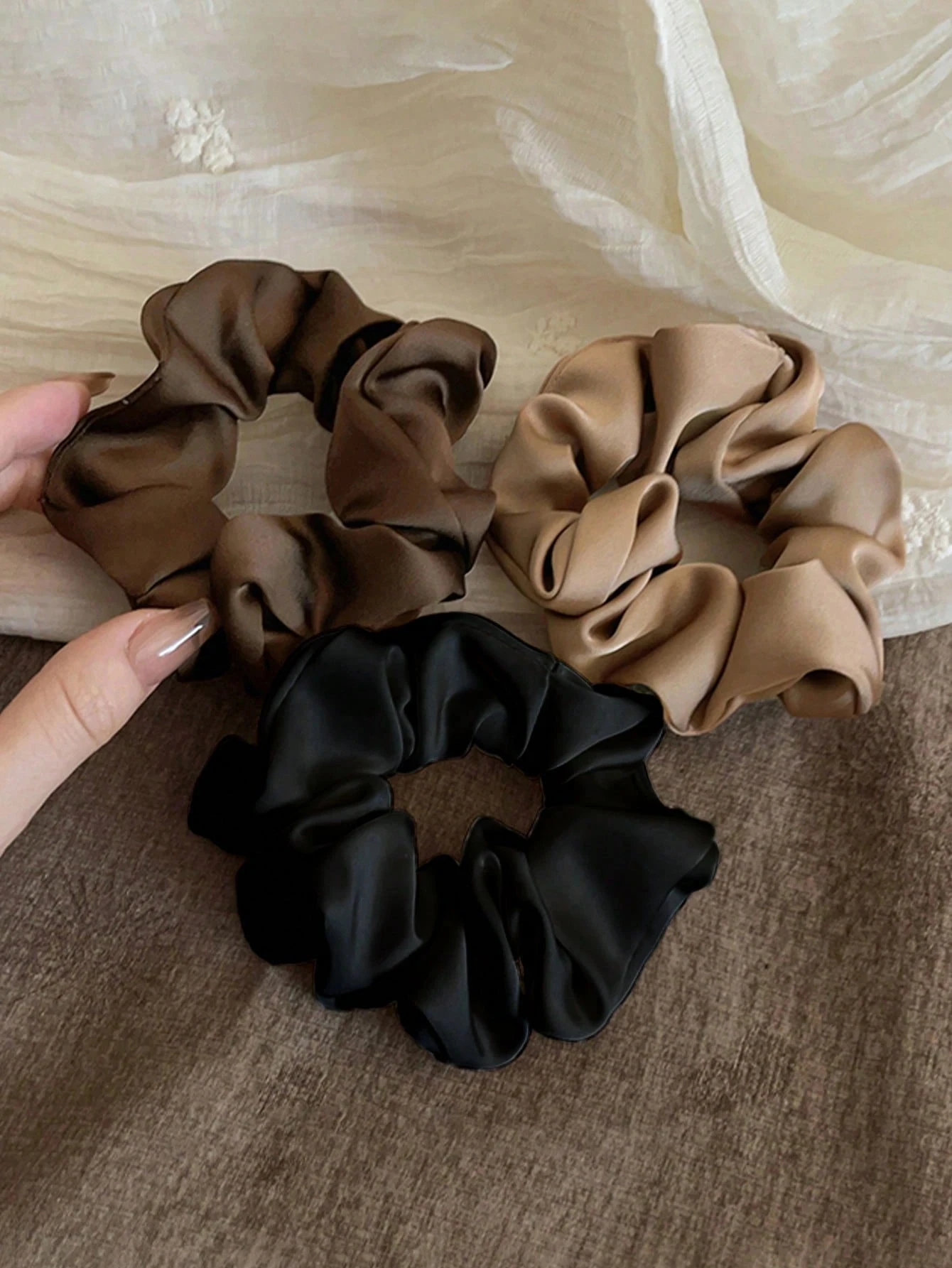 Elegant Vintage Satin Hair Scrunchies Set - Black, Brown & Khaki