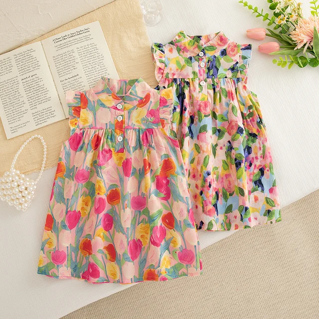 Baby Girl Dress, Summer New Sweet Flower Ruffled Sleeve Children'S Sleeveless Clothes Suitable For 0-3 Years Old 1