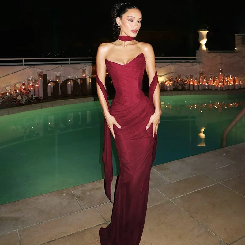 TRAUXY Elegant Two-piece Dress Sets With Scarf Strapless Fishbone Top Long Skirt For Women 2025 Sexy New Slim Party Skirt Set
