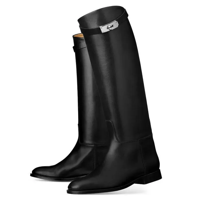 

Fashionable Sexy Genuine Leather Women's Knee Long Boots Classic Botas Belt Buckle Metal Shark Lock Elegant Charm Knight Boots