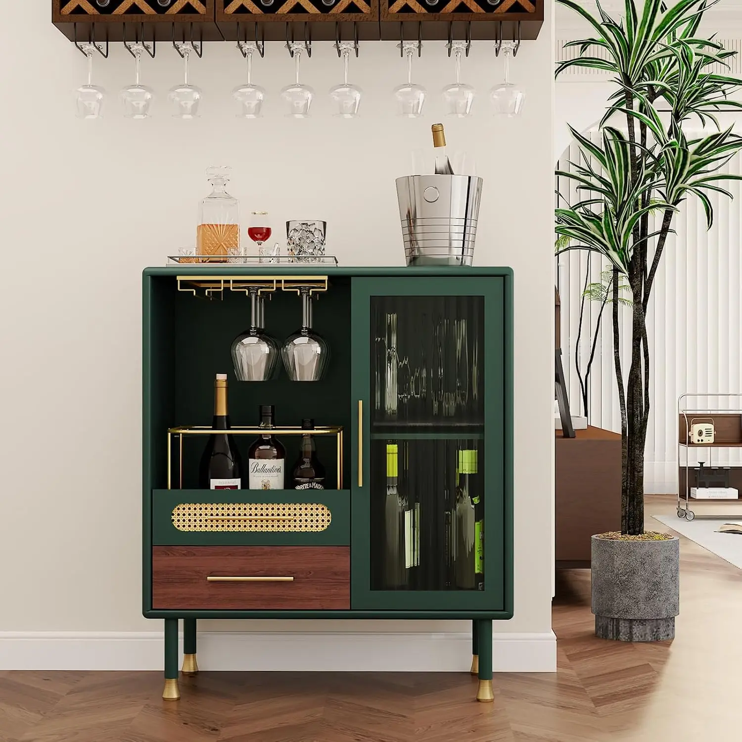 Modern Coffee Bar Cabinet with Wine Glass Rack and Drawers, Green Liquor Cabinet with Pull-Out Wine Storage