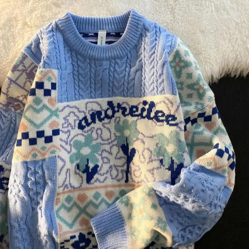 

2022 Winter Vintage Flower Sweaters Women Hip Hop Knitted Jumper Streetwear Harajuku Loose Fashion Pullovers Tops w2637